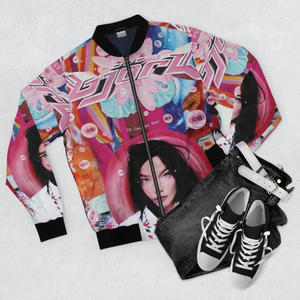 Retro vaporwave 90s bomber jacket with Bjork and Radiohead inspired graphics - Flat lay