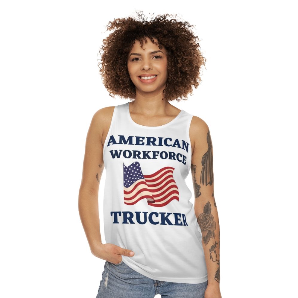 Patriotic trucker tank top with American workforce slogan - women