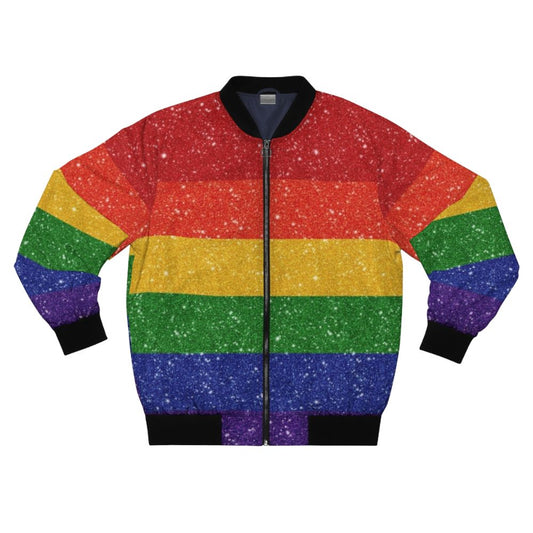 Vibrant LGBTQ pride rainbow bomber jacket with glitter and sparkle details