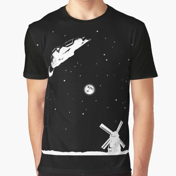 "The Expanse Rocinante Sci-Fi Graphic T-Shirt featuring windmills and space imagery"