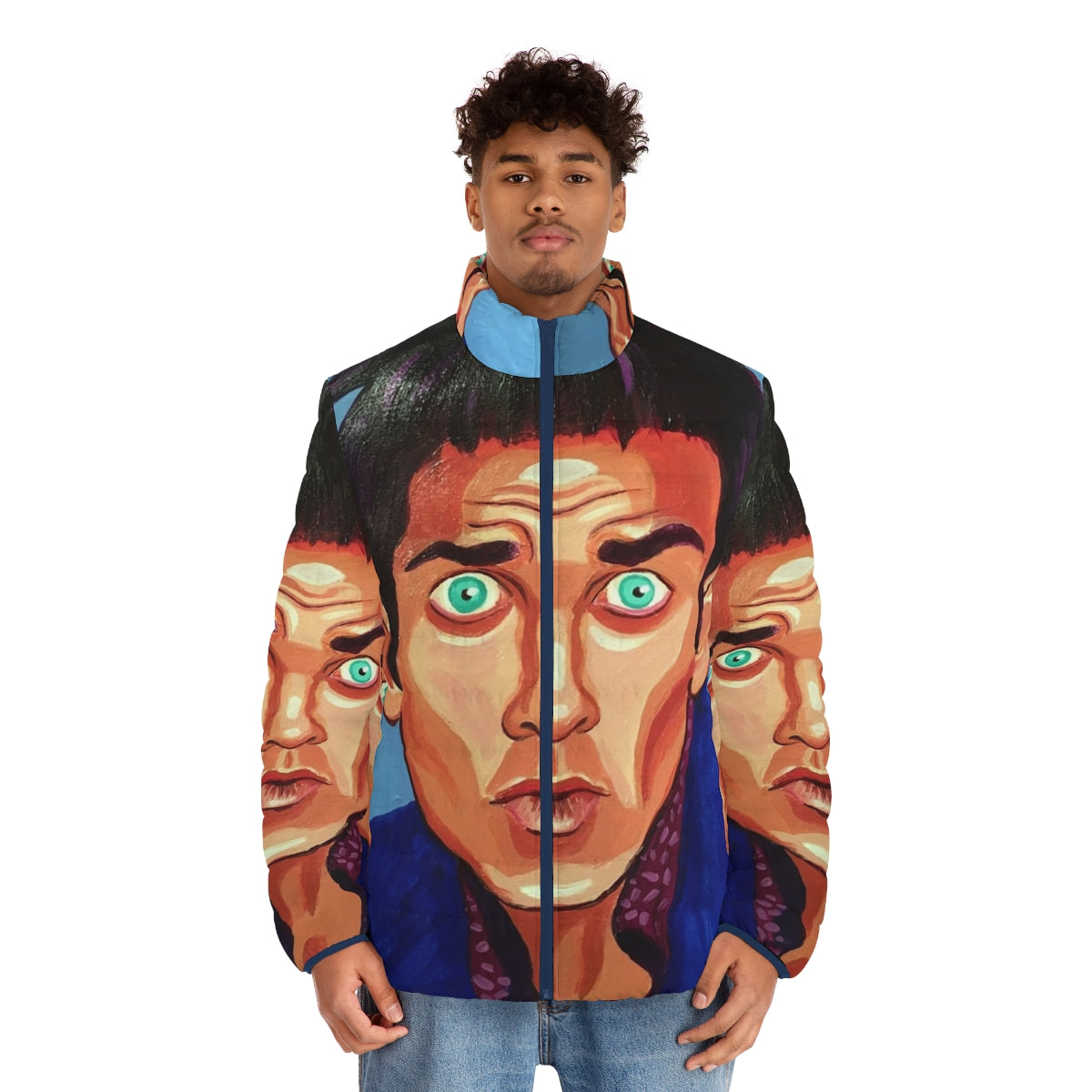 Zoolander Blue Steel Puffer Jacket featuring a portrait of Derek Zoolander - men front