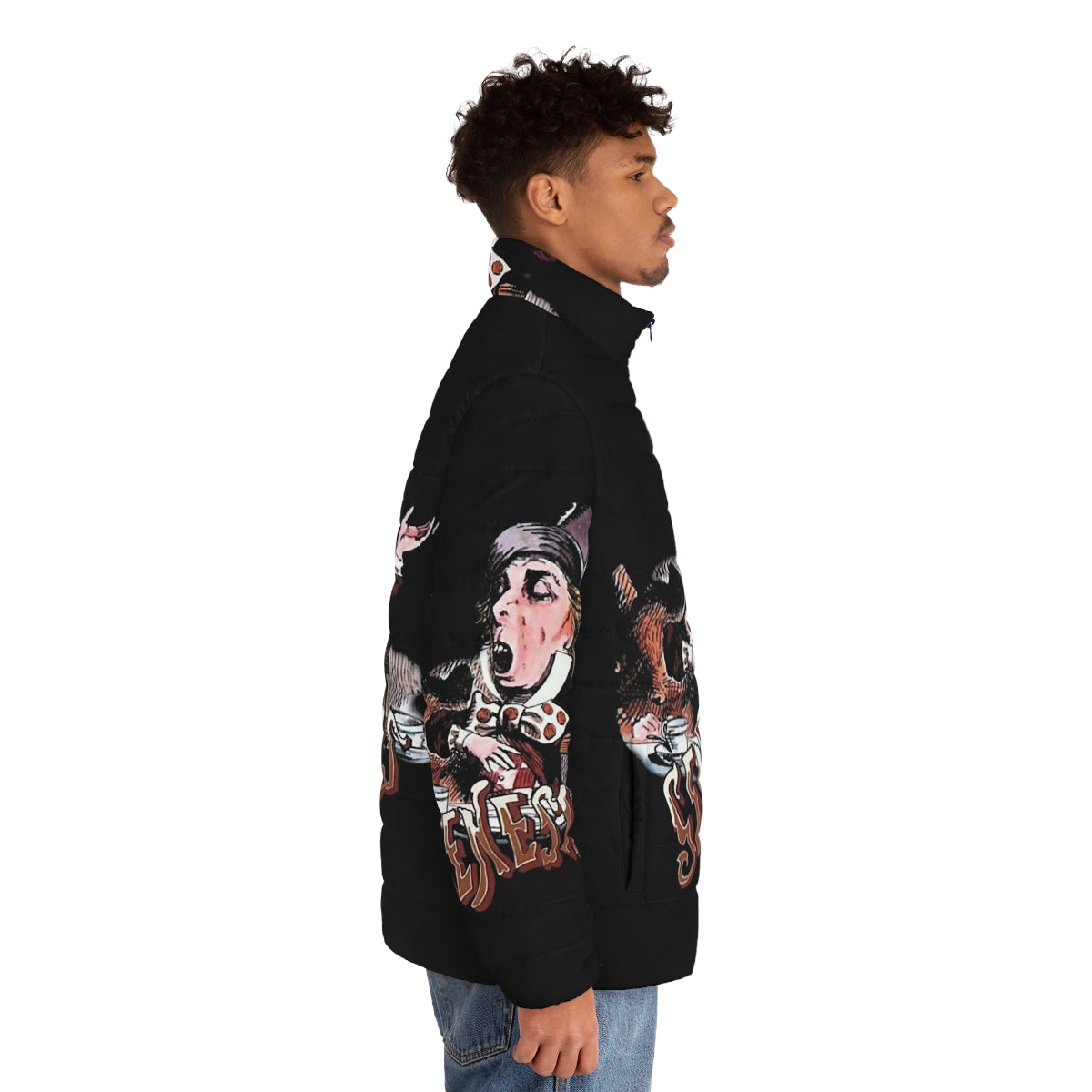 Retro Genesis band puffer jacket featuring photographic and funny design - men side right