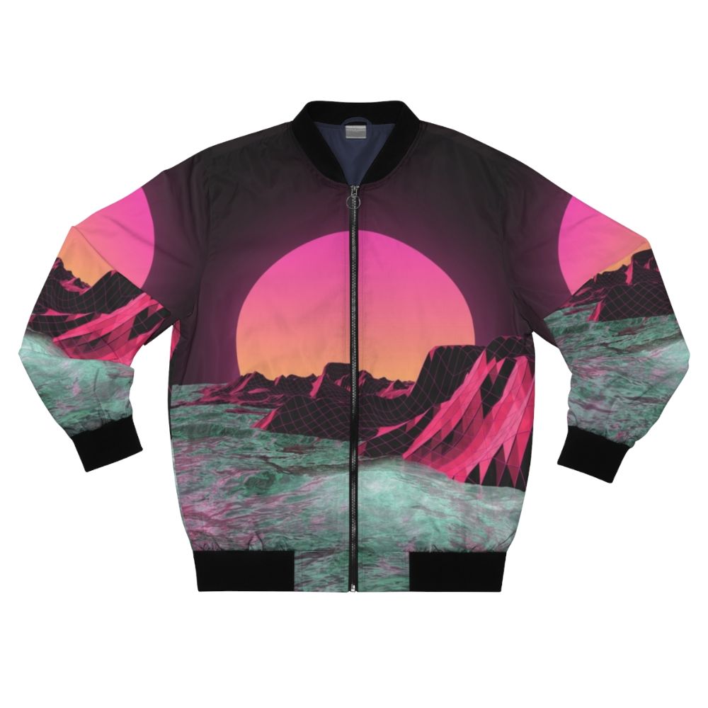 Stylish 80s-inspired bomber jacket with vaporwave aesthetic, featuring geometric patterns, neon colors, and futuristic design.