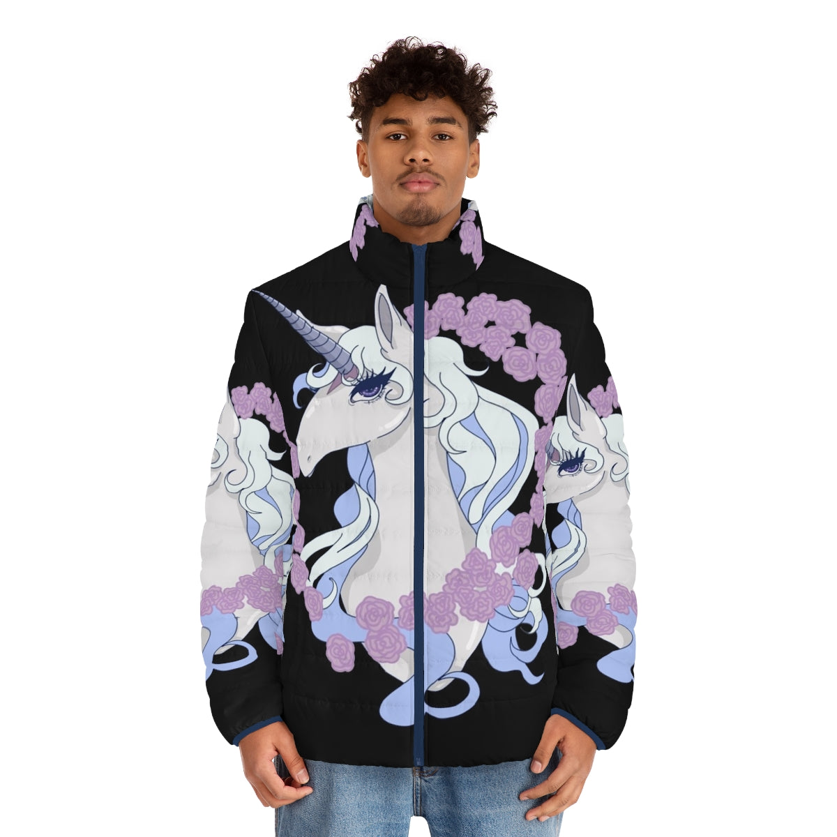 The Last Unicorn Lady Amalthea Puffer Jacket featuring the iconic fantasy movie character - men front