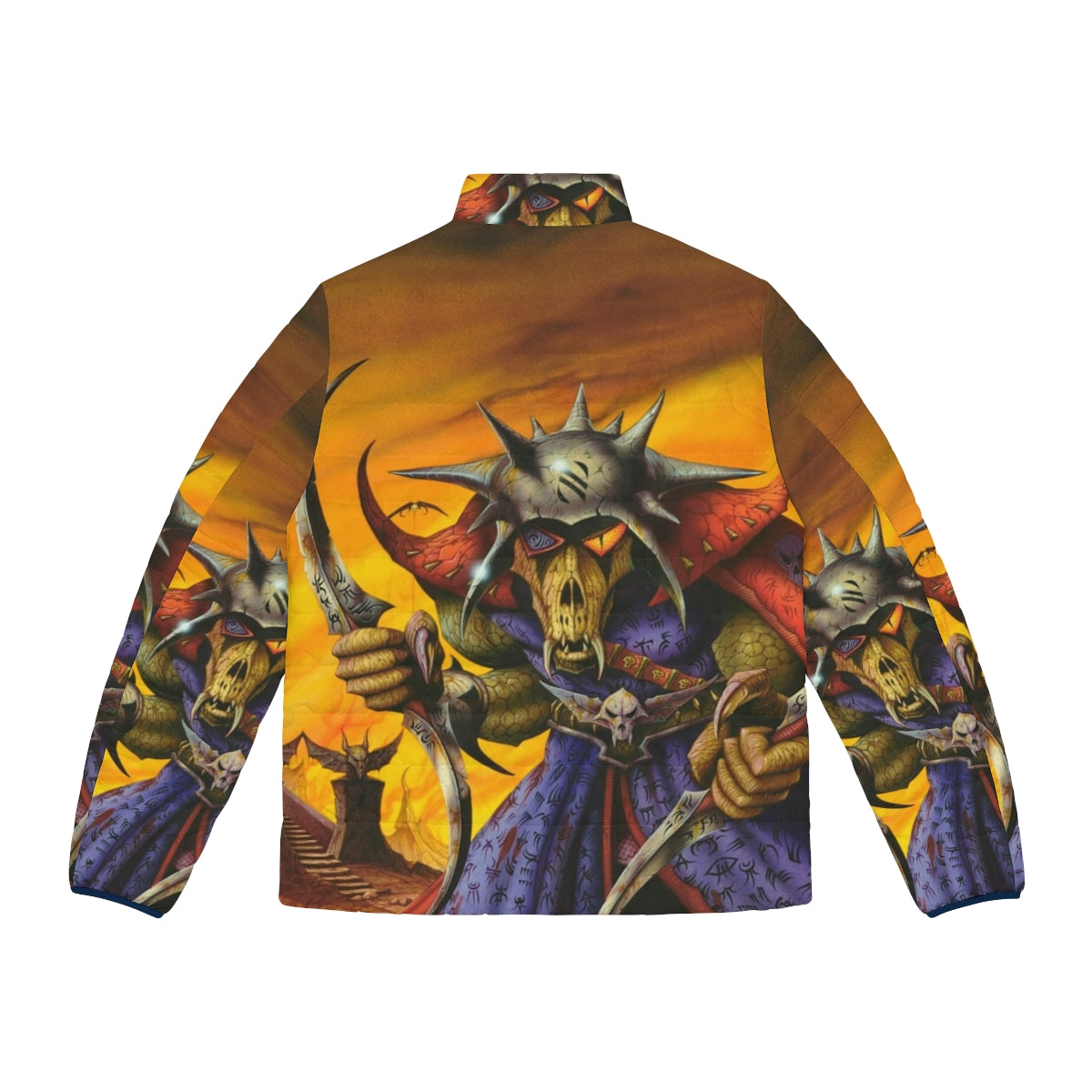 'No Means of Escape' heavy metal puffer jacket with gothic fantasy villain design featuring fire, orange, snakes, skulls, and bats - Back