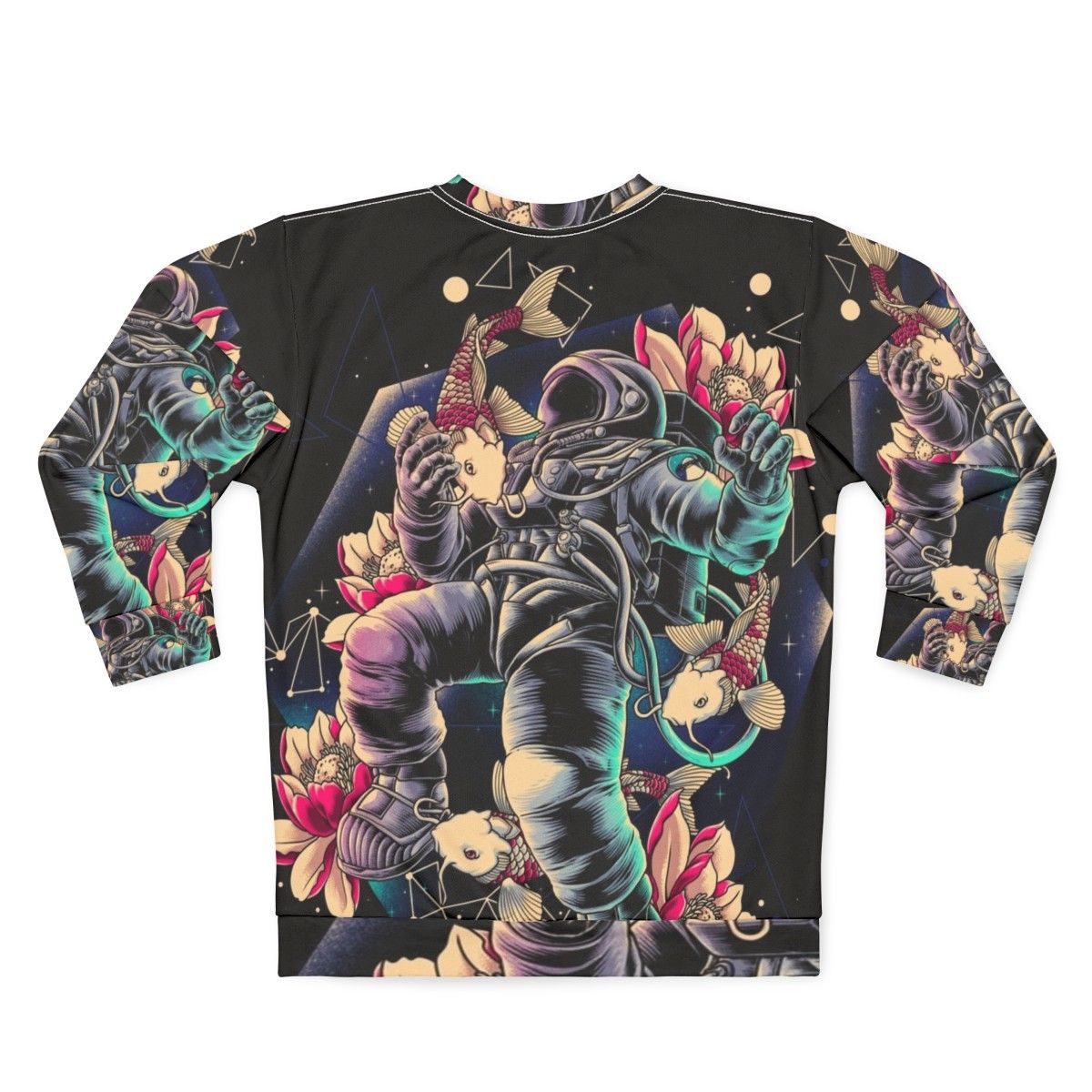 Man wearing deep space sweatshirt with geometric and cosmic design - Back