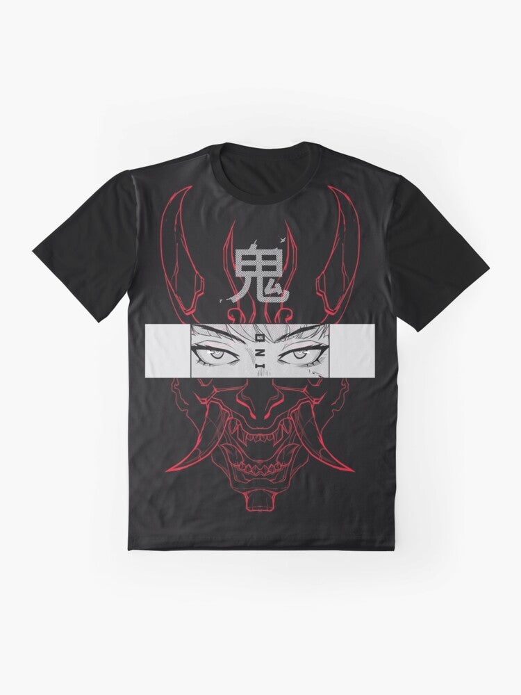 Minimalist red oni Japanese folklore graphic t-shirt with halftone eyes and futuristic cyberpunk design. - Flat lay