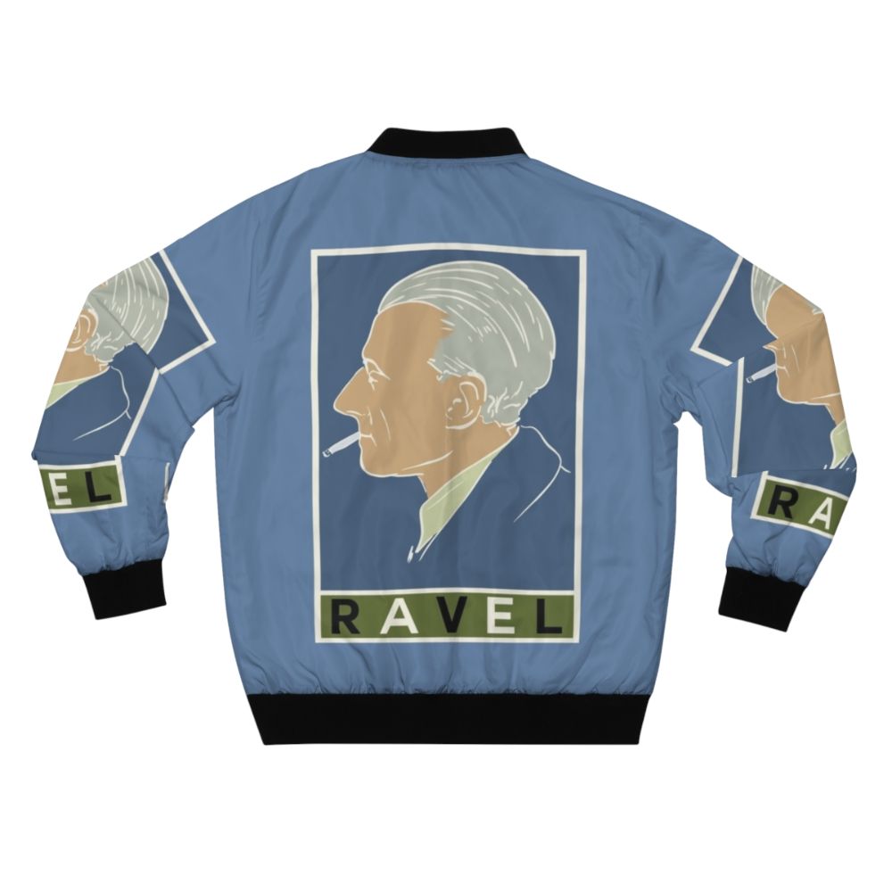 Vintage-style bomber jacket featuring the name and image of classical music composer Maurice Ravel - Back