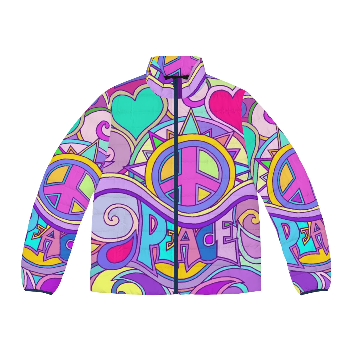 Colorful psychedelic retro puffer jacket with flower power graphics