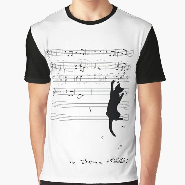 Mischievous cat silhouette playing with sheet music on a black and white graphic t-shirt design