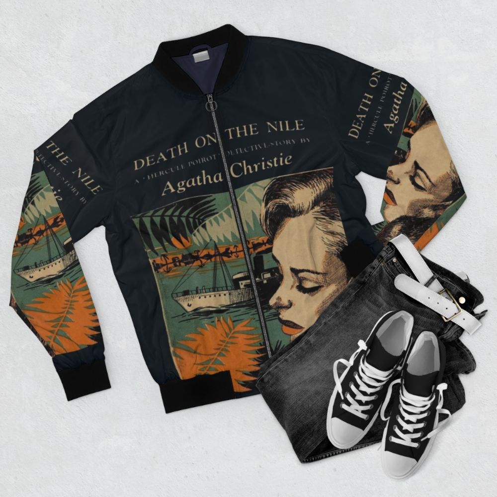 Poirot Detective Story Bomber Jacket with Agatha Christie's Death on the Nile Movie Imagery - Flat lay