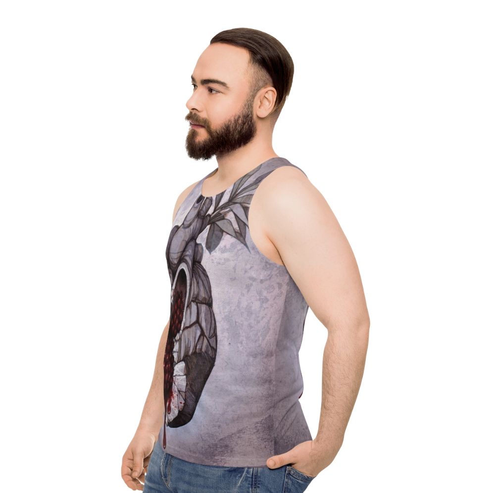 Unisex tank top featuring an anatomical heart design with pomegranate elements based on the Greek mythology of Hades and Persephone - men side