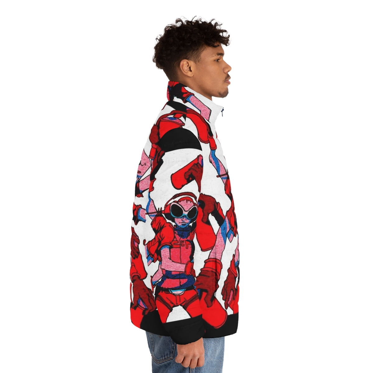 Jet Set Radio inspired puffer jacket with vibrant colors and retro gaming graphics - men side right