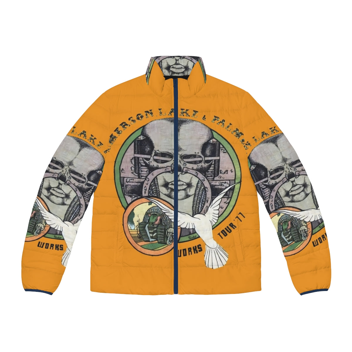 Vintage ELP Works Tour 77 Puffer Jacket featuring classic progressive rock band Emerson, Lake & Palmer