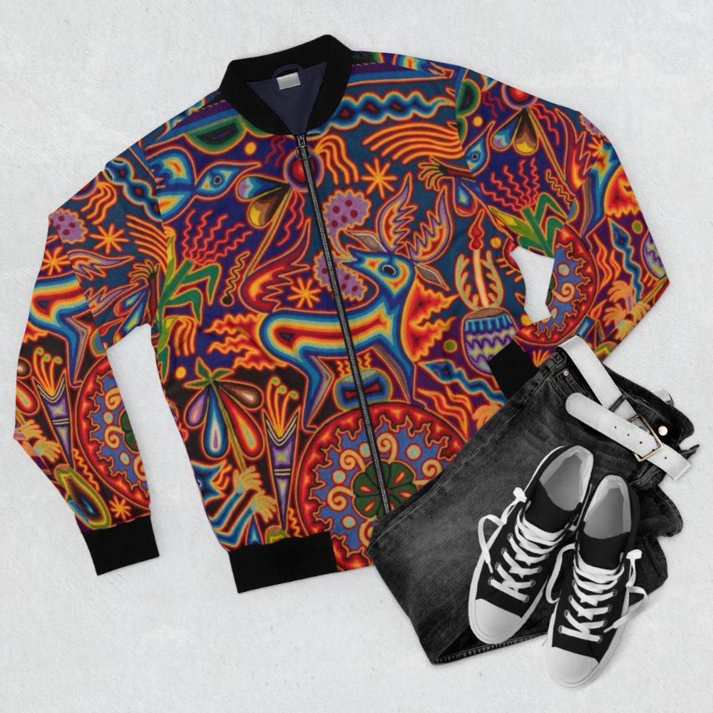 Huichol Bomber Jacket - Vibrant Mexican-Inspired Design - Flat lay