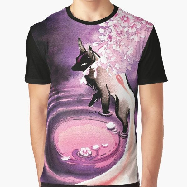 Graphic tee featuring a mystical fox surrounded by cherry blossoms under a rose moon