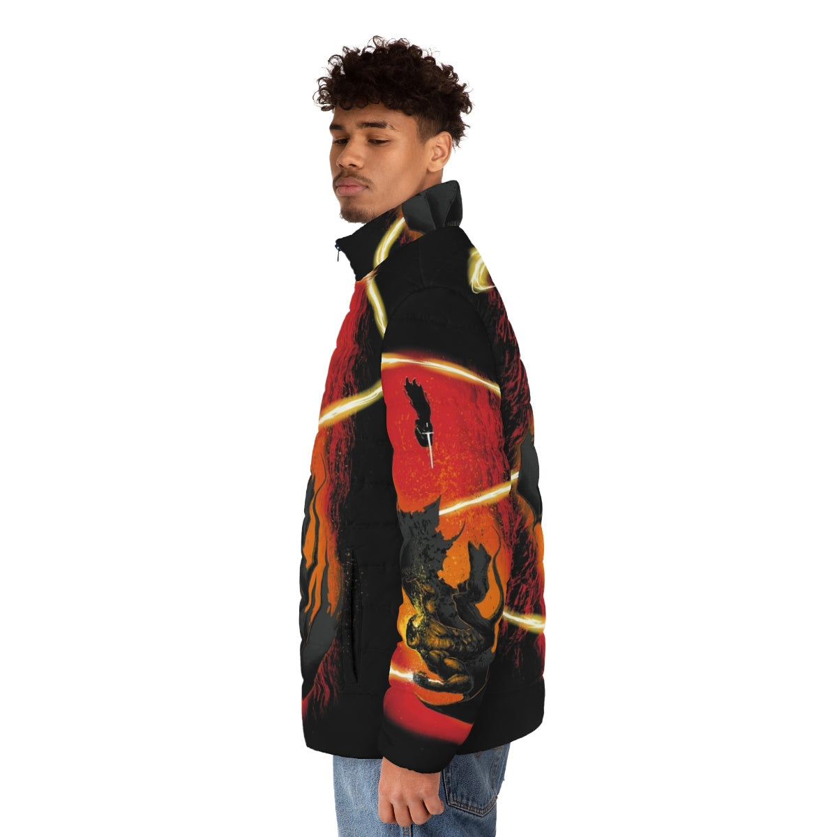 A cozy puffer jacket inspired by the wizardry of Gandalf, featuring a striking demon design. - men side left