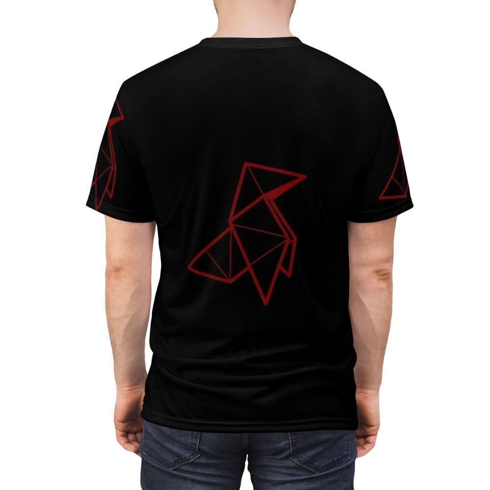 Stylish red graphic t-shirt featuring an origami crane design for fans of the TV series Money Heist - men back