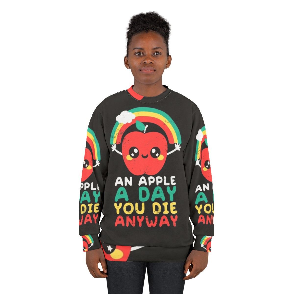 Sarcastic "An Apple a Day" Dark Humor Sweatshirt with Kawaii Rainbow Apple - women