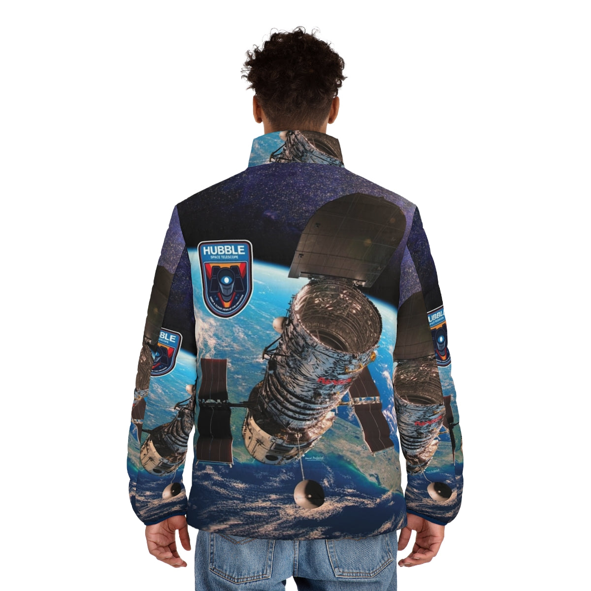 Hubble Space Telescope Puffer Jacket featuring stunning deep space imagery - men back