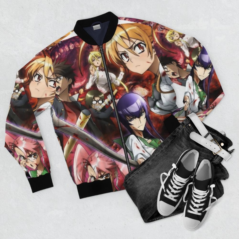 High School of The Dead anime-inspired bomber jacket featuring the main characters - Flat lay