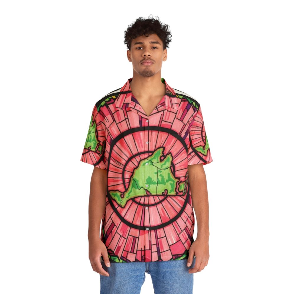 Martha's Vineyard pink and green Hawaiian shirt with stained glass and concentric circle motif - People Front