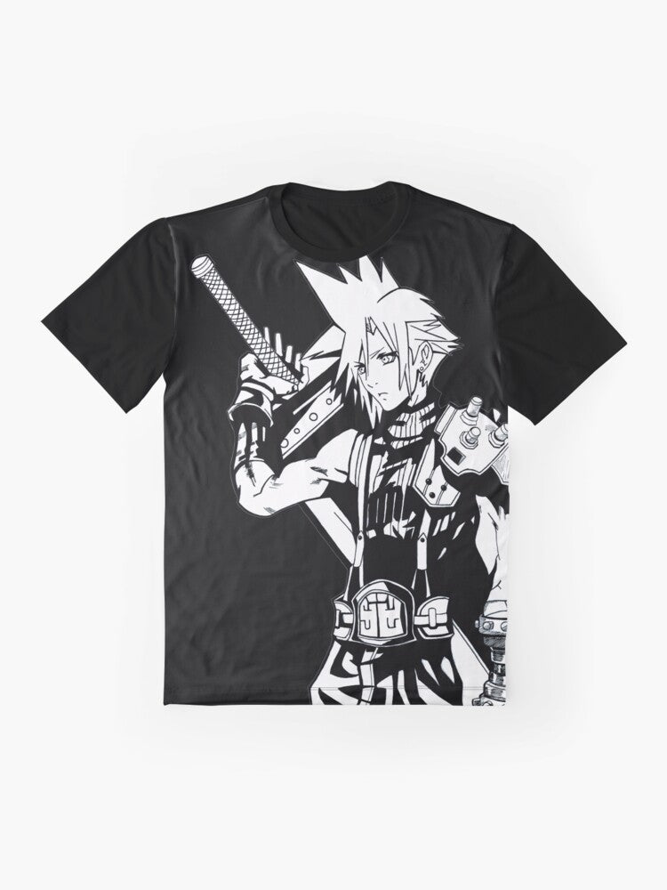 Illustration of Cloud Strife, the iconic swordmaster from the Final Fantasy video game series, printed on a high-quality t-shirt. - Flat lay