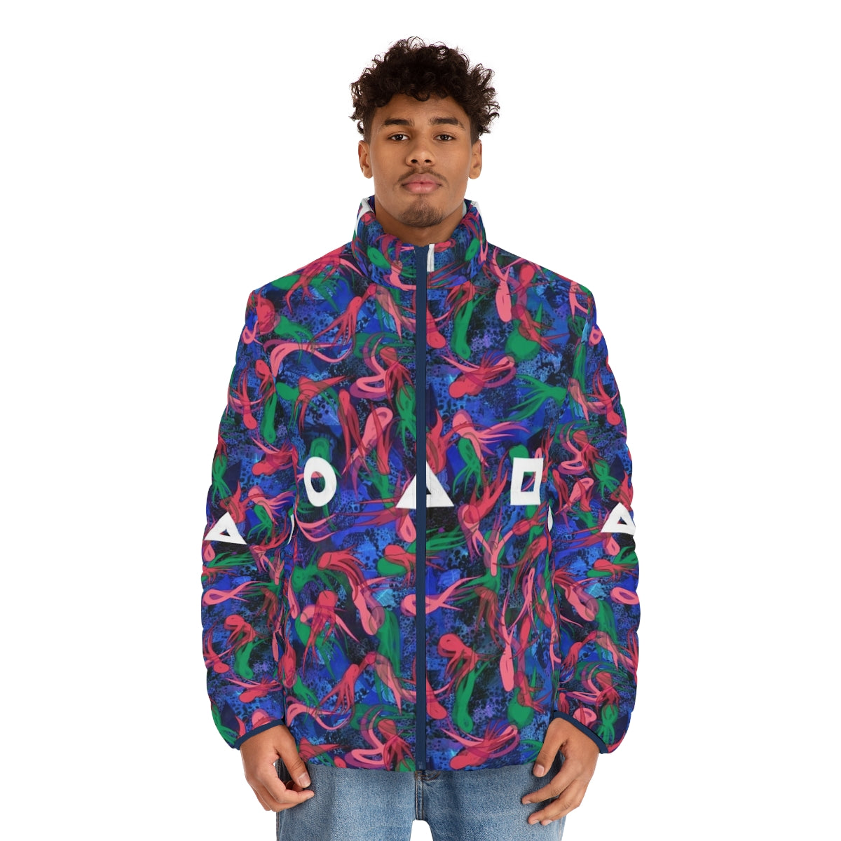 Squid Game Survival Pattern Puffer Jacket with Vibrant Colorful Design - men front