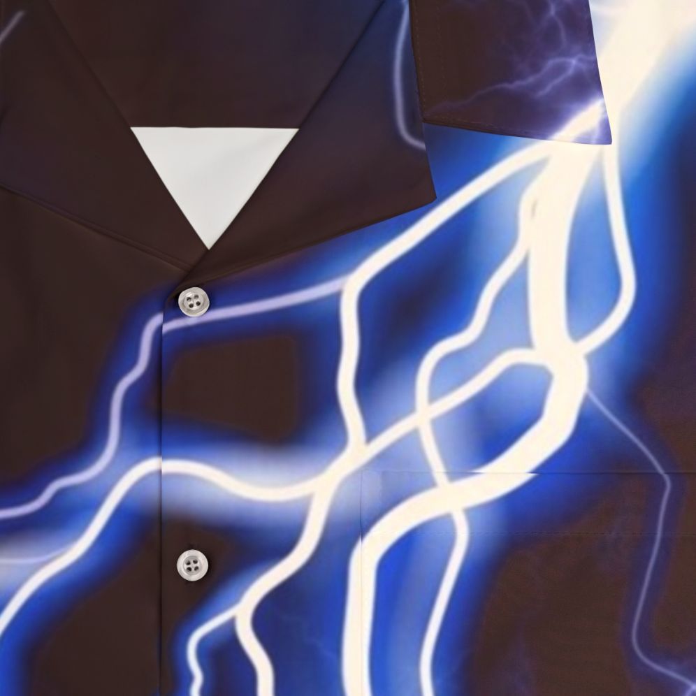 Blue thunder and colorful lightning graphic design on a Hawaiian shirt - Detail