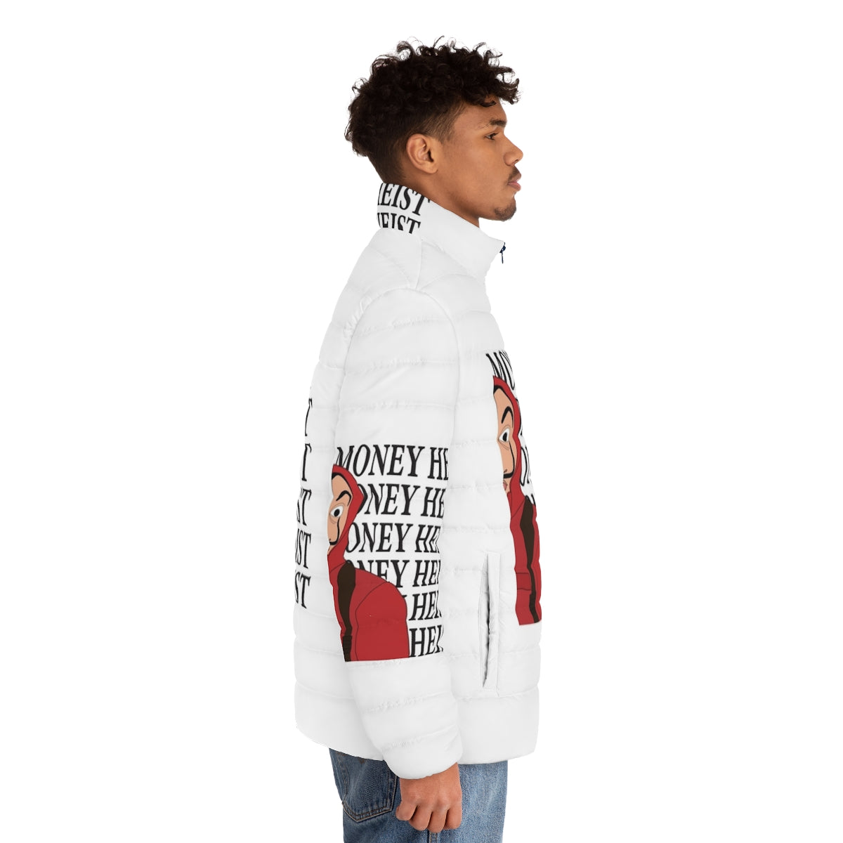 Money Heist Half Puffer Jacket with characters from the Netflix series - men side right