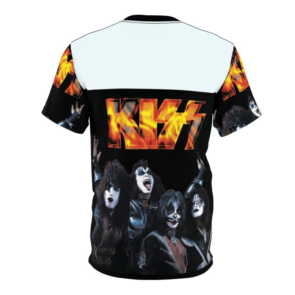 A stylish and vibrant T-shirt featuring a collage of KISS band members and imagery, capturing the energy and essence of the legendary glam metal group. - Back