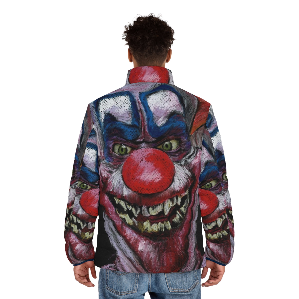 Killer clown puffer jacket with pastel horror art and alien clown design - men back