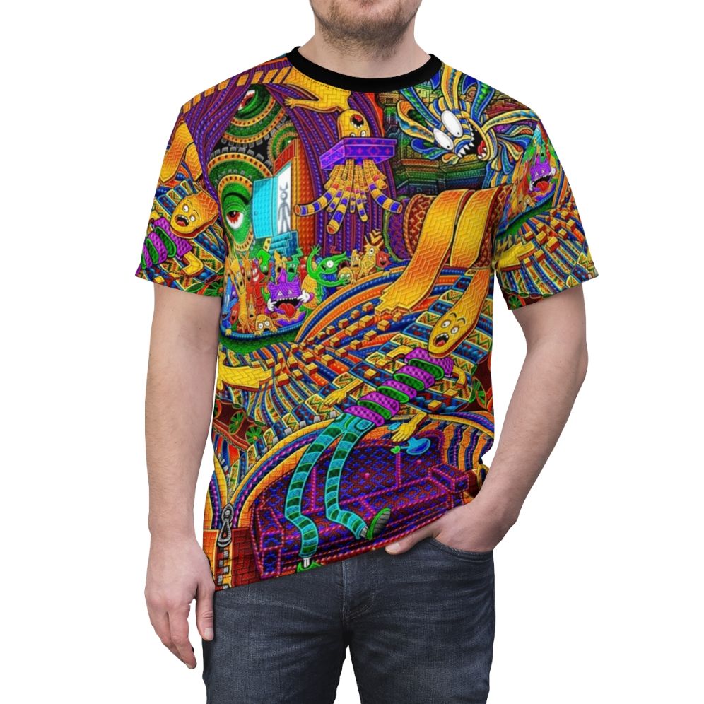 Psychedelic consciousness t-shirt featuring trippy visionary art design - men front