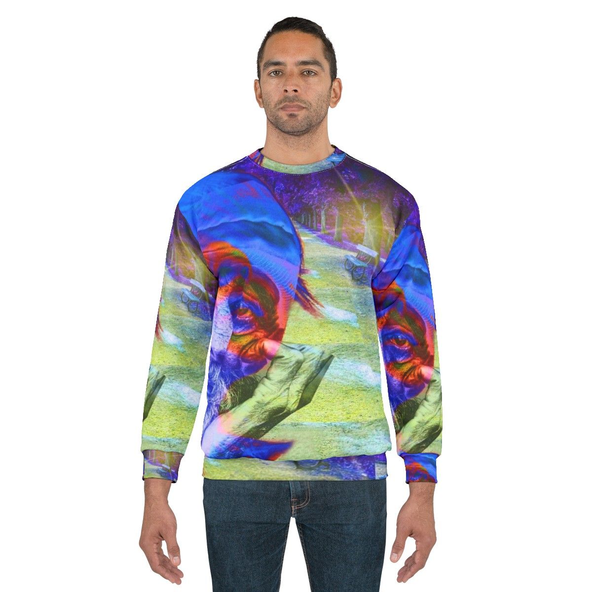 Homelessness awareness sweatshirt with colorful abstract patterns and typography - men