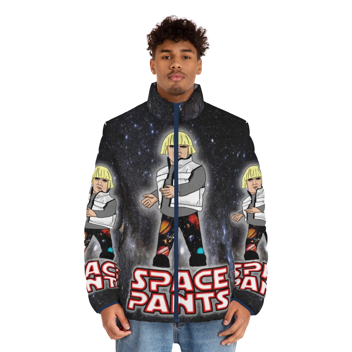 Puffer jacket with a galaxy and outer space design - men front