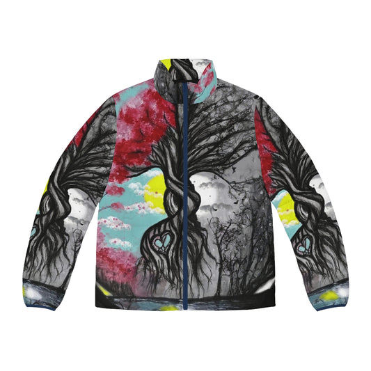 A puffer jacket featuring the symbolism of the Tree of Life, representing the circle of life.