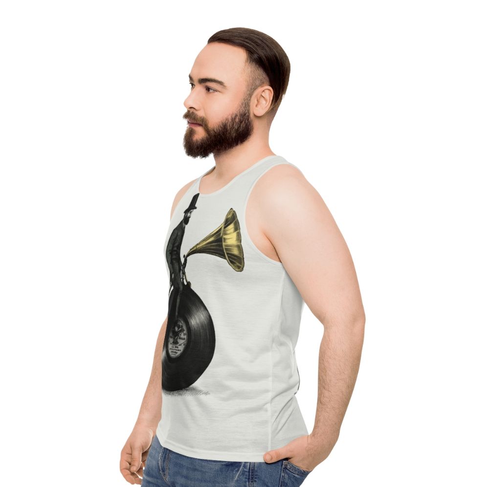 Vintage Music Man Unisex Tank Top with Retro Graphic Art Design - men side