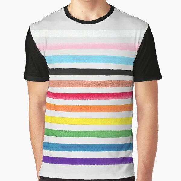 Progress pride flag graphic t-shirt with inclusive LGBTQ+ and social justice colors and symbols