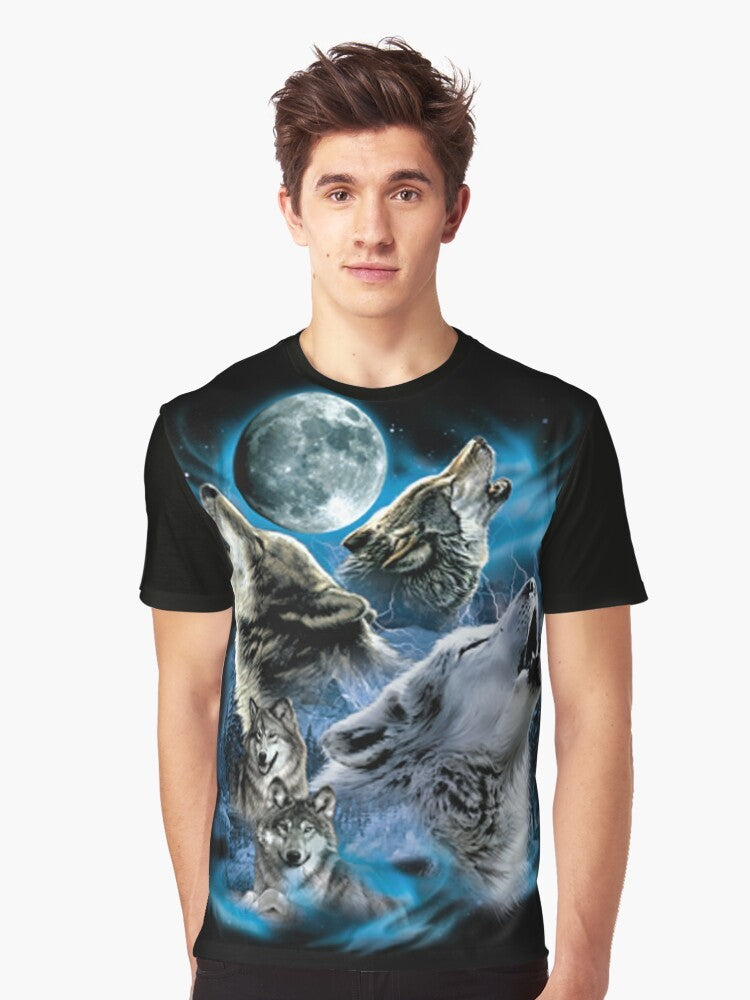 A graphic t-shirt featuring a howling wolf family under a full moon in the wilderness. - Men