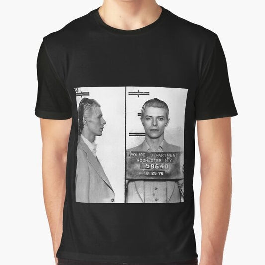 Vintage graphic t-shirt featuring the iconic 1976 mugshot of music legend David Bowie