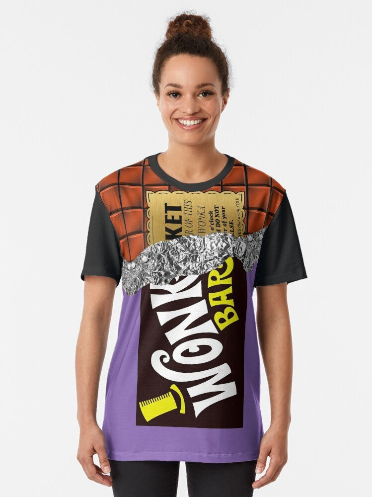 Golden ticket chocolate graphic t-shirt featuring Wonka's pure imagination - Women