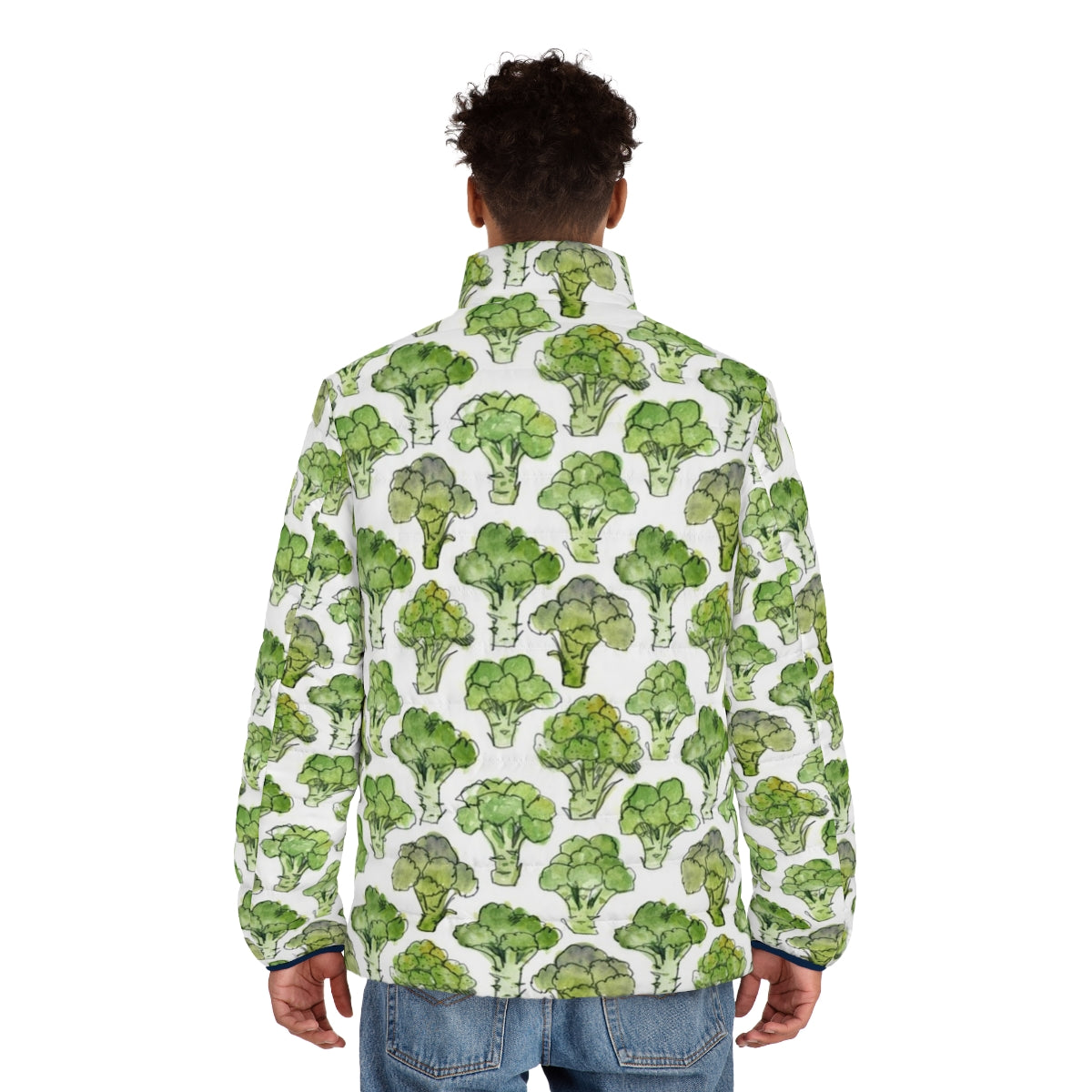 Watercolor broccoli pattern puffer jacket with floral and vegetable design - men back