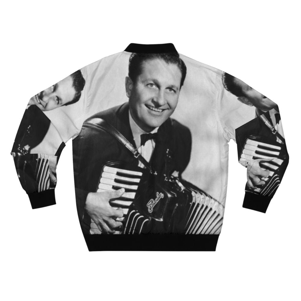 Vintage black and white photograph of Lawrence Welk smiling while holding an accordion, printed on a bomber jacket - Back