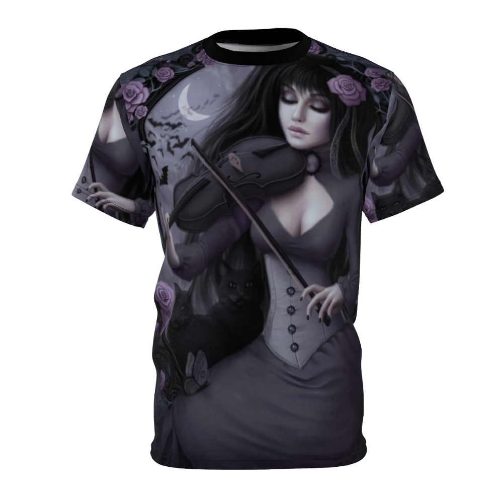 A dark and romantic t-shirt design featuring a violinist, moon, and other gothic fantasy elements.