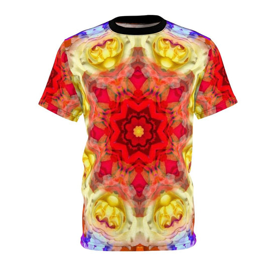 Vibrant AOP t-shirt featuring a rose mandala design with spiritual and esoteric symbols