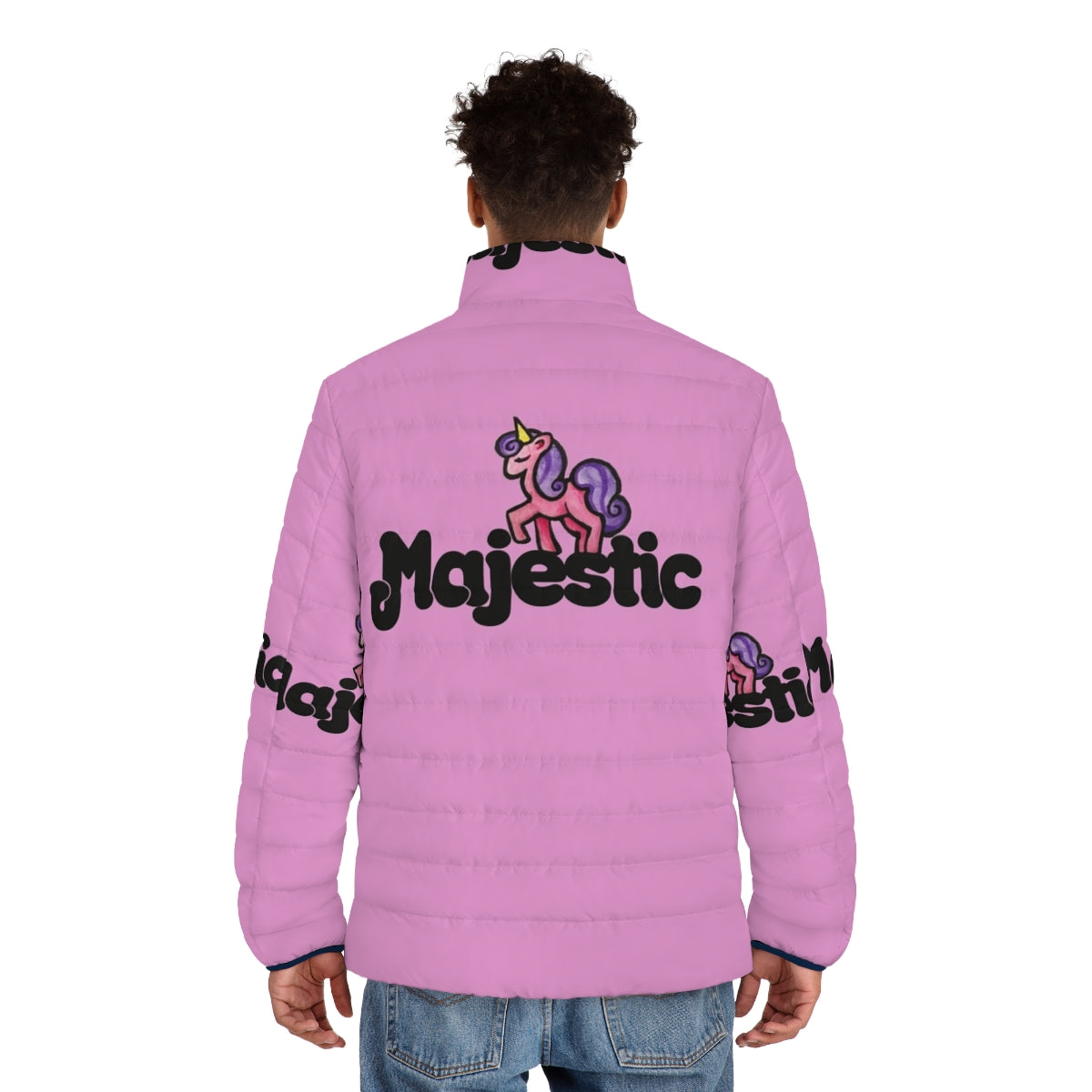 Majestic unicorn puffer jacket in a vibrant pink color with a whimsical unicorn design - men back