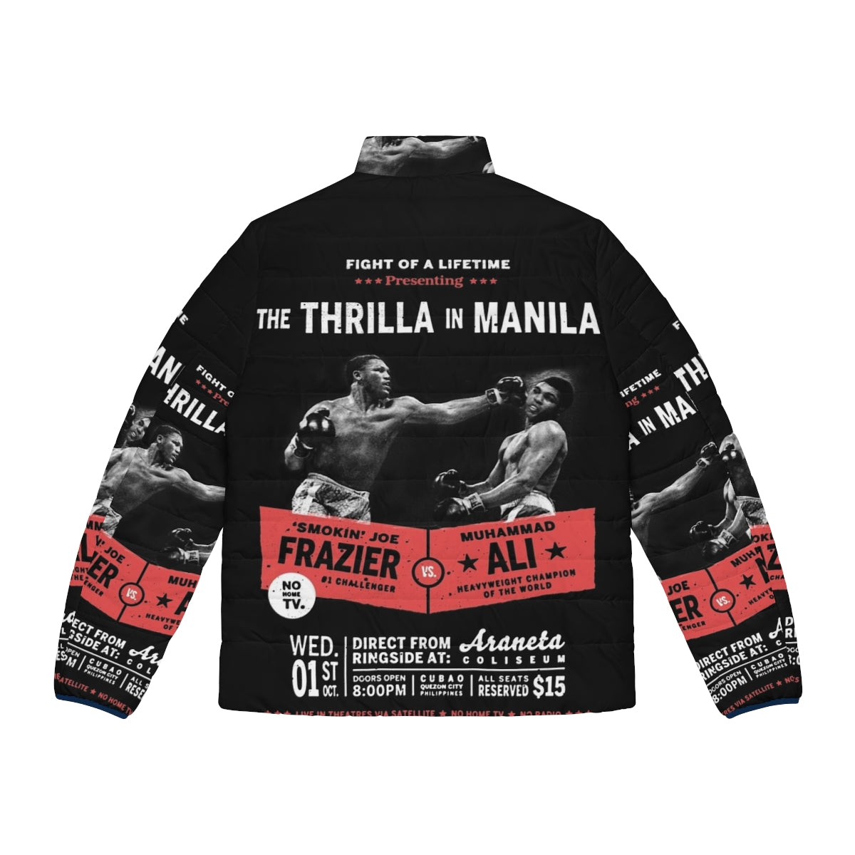 Ali vs Frazier 'Thrilla in Manila' puffer jacket featuring iconic boxing imagery - Back