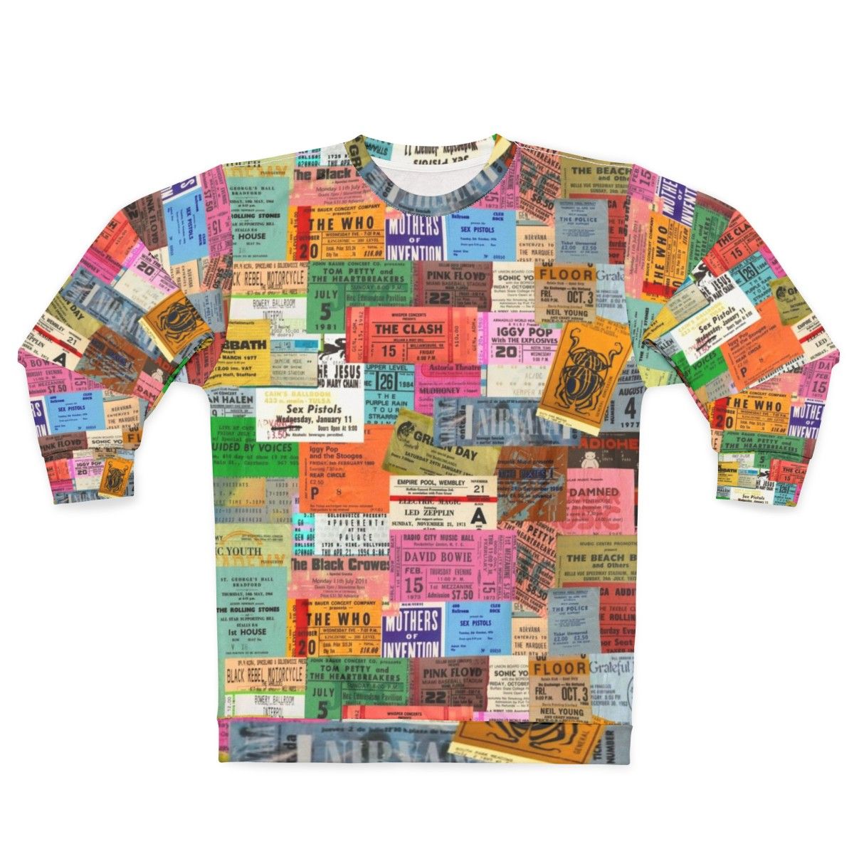 Vintage concert sweatshirt with ticket stubs design