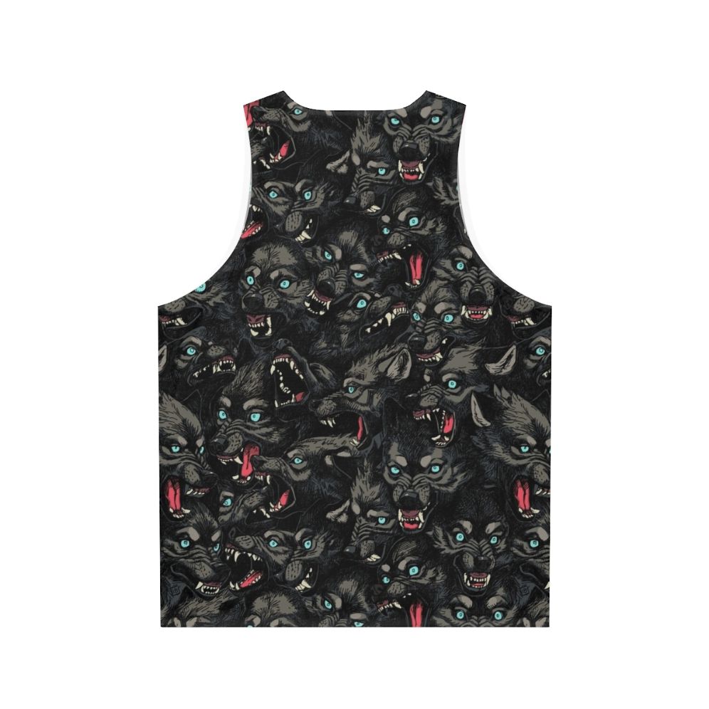 Unisex tank top with a fierce wolf pack pattern - Back