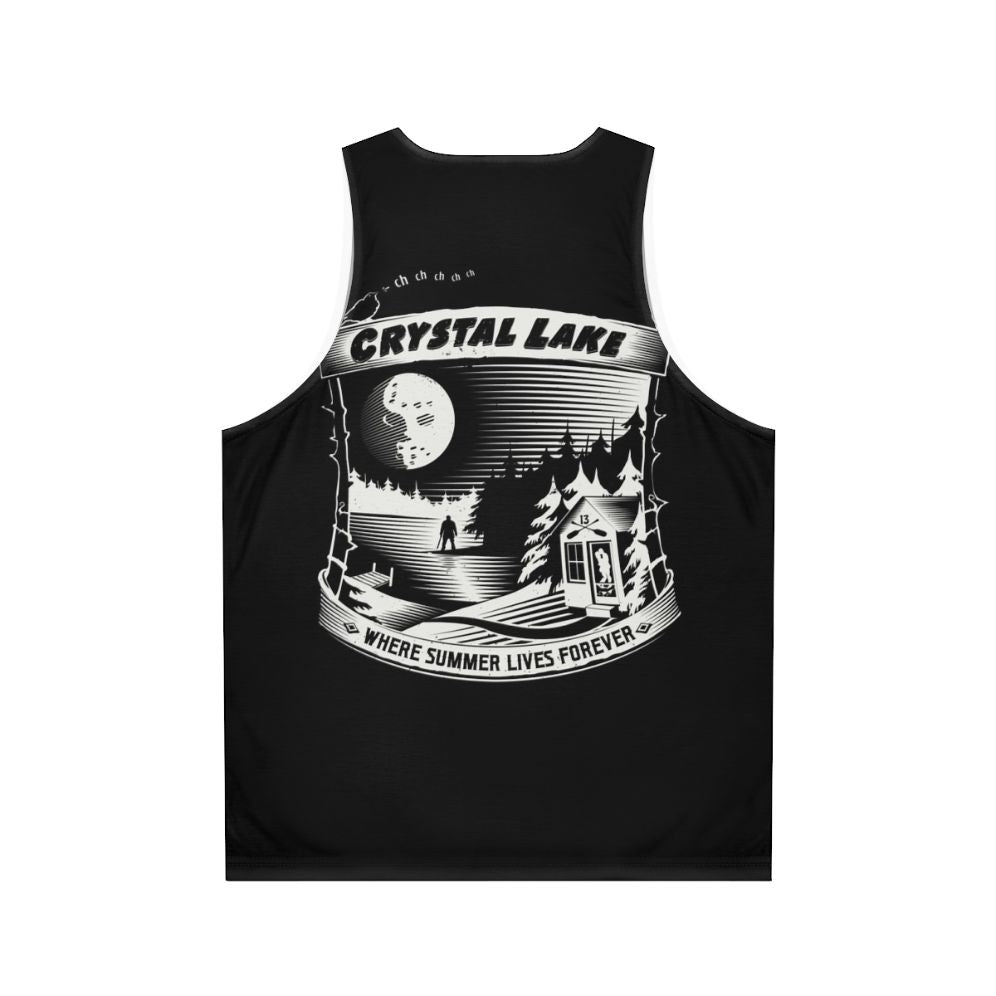 Horror movie inspired unisex tank top with "Camp Crystal Lake Where Summer Lives Forever" design - Back